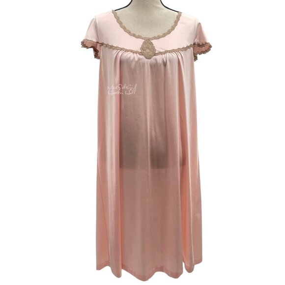 Vanity Fair Vtg 1970's Pink Whisper Lace Accent Satin Ensemble Slip & Robe Set - Picture 3 of 13